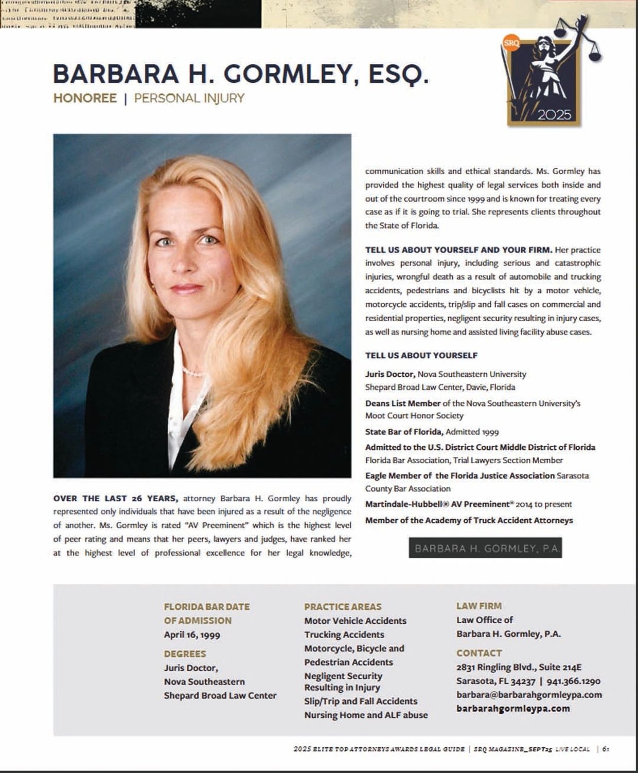 SRQ Magazine - September 2025  Edition - 
Barbara Gromley - 2025 Honoree Elite Top Attorney 