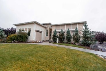 Modern suburban house with manicured lawn and evergreen trees.