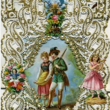 Vintage ornate artwork with a couple and a girl playing violin.