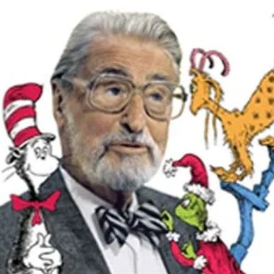 Elderly man with glasses surrounded by Dr. Seuss characters.