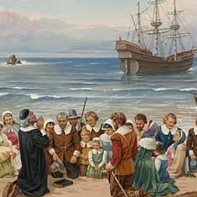 Pilgrims gathered on a shore with a ship anchored nearby.