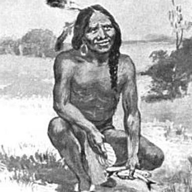 Black and white illustration of a Native American man crouching outdoors.
