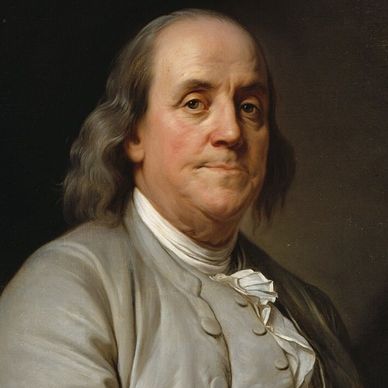 Portrait of Benjamin Franklin in 18th-century attire.