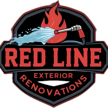 Logo for Red Line Exterior Renovations with a hose spraying water on flames.