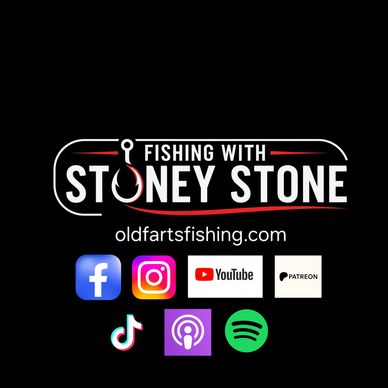 Logo for Fishing with Stoney Stone with social media icons and website link.