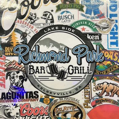 Richmond Park Bar &amp; Grill logo surrounded by various beer brand stickers.