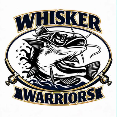 Logo of Whisker Warriors featuring a fierce fish and fishing rods.
