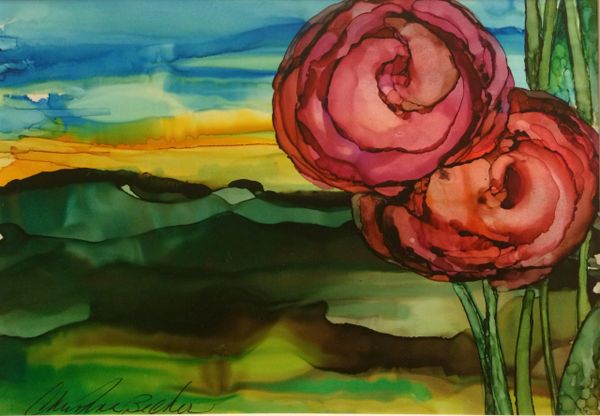 Alcohol ink painting, red flower, desert landscape, modern art, painting on yupo paper, home decor