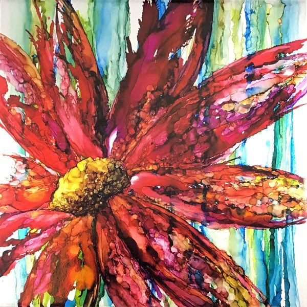 Alcohol ink painting, red flower, gerbera daisy, modern art, painting on yupo paper, home decor

