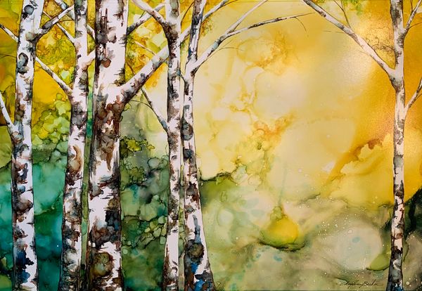 Morning Mist, Alcohol ink painting, birch tree, modern art, painting on yupo paper, home decor