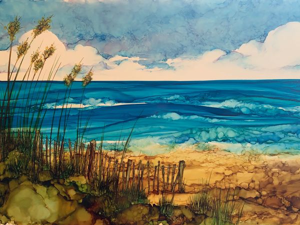 Alcohol ink painting, beach, sea oats, modern art, painting on yupo paper, home decor