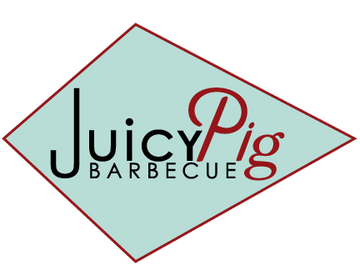 Logo for Juicy Pig Barbecue with stylized text inside a diamond shape.
