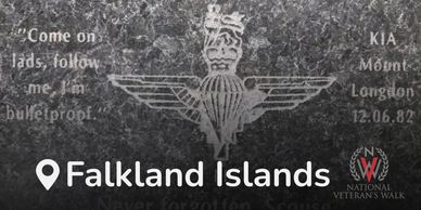 Memorial inscription for a fallen soldier in the Falkland Islands.