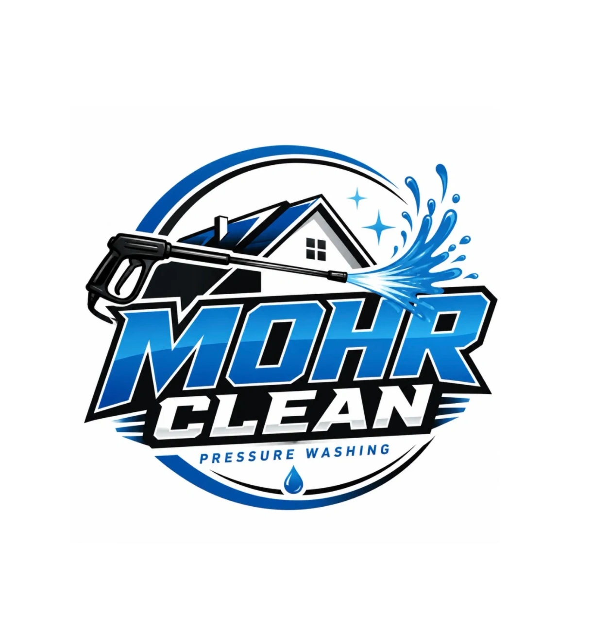 Logo for Mohr Clean pressure washing with a house and spray.