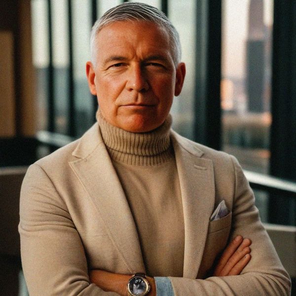Confident older man in beige suit with folded arms.