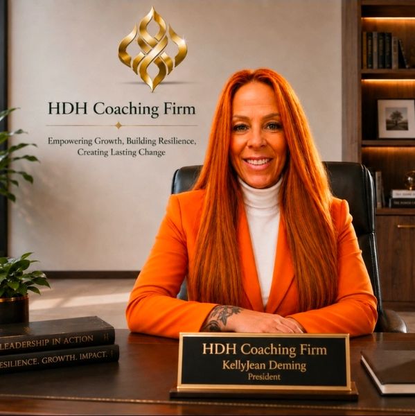 KellyJean Deming, president of HDH Coaching Firm, seated at her desk.
