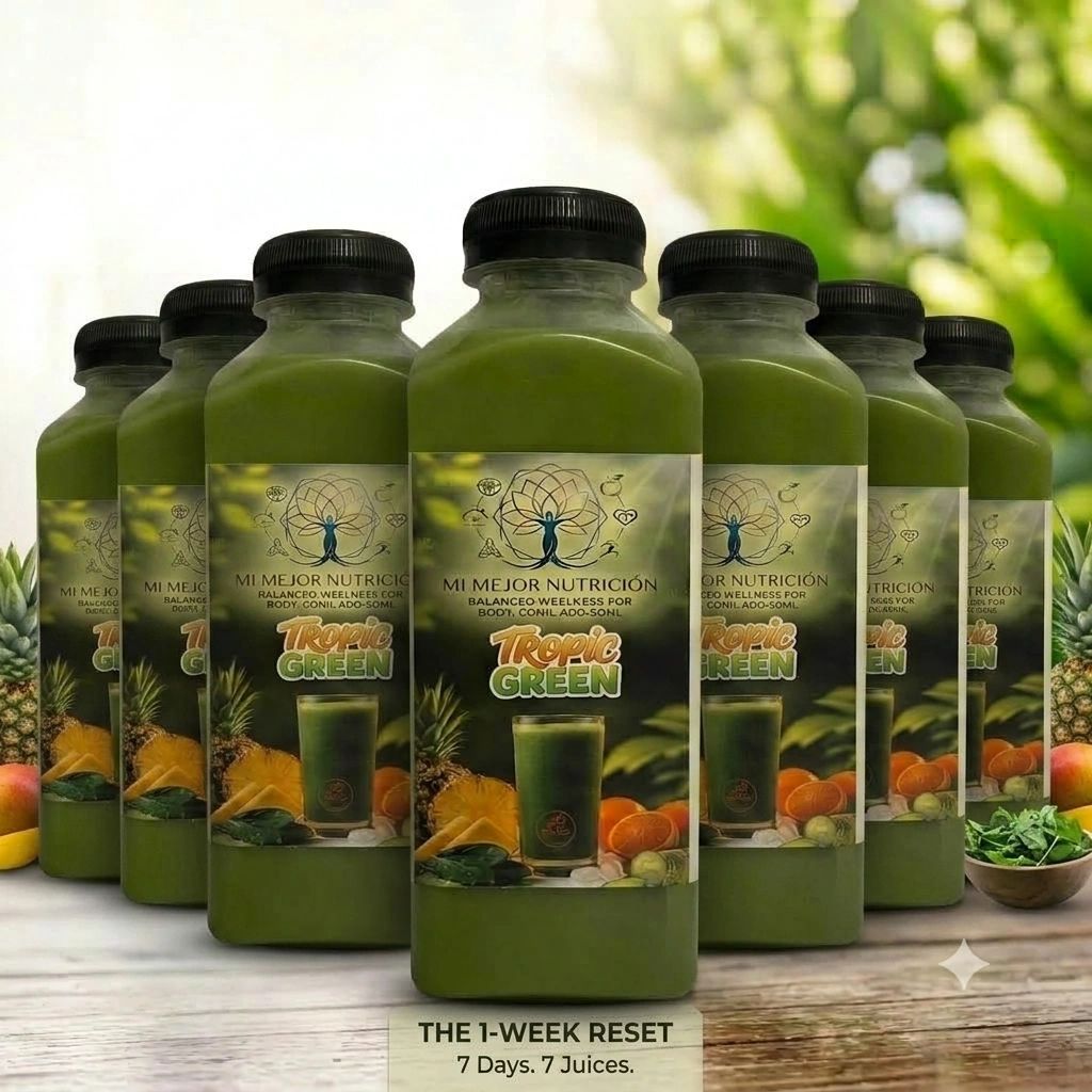Bottles of green juice labeled Tropic Green for a 1-week reset.