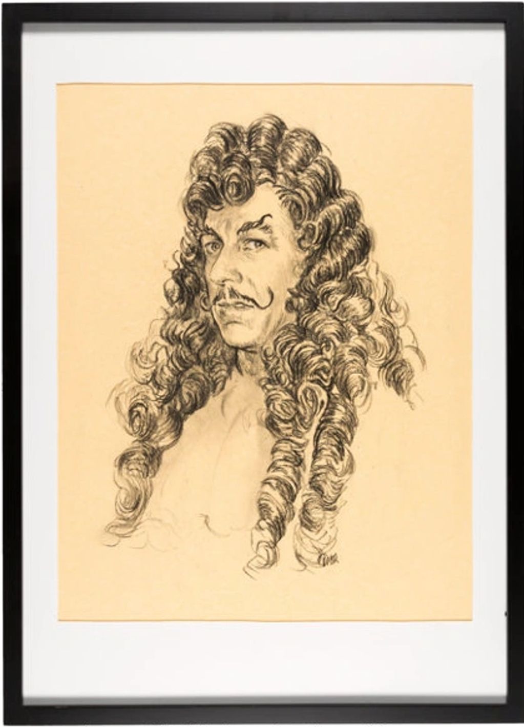 Sketch of a man with long curly hair and a mustache.