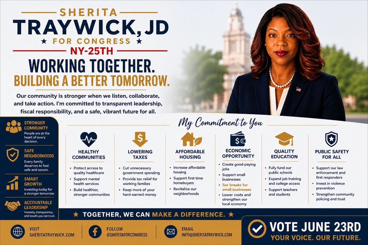 Sherita Traywick campaign poster for NY-25th Congress promoting community and leadership.