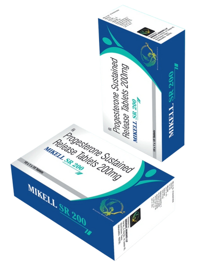 Boxes of Progesterone Sustained Release Tablets 200mg labeled MIKELL SR 200.