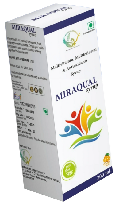 MIRAQUAL syrup is a multivitamin, multimineral, and antioxidant health supplement with orange flavor.