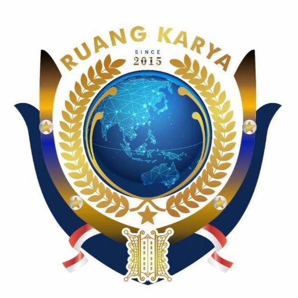 A globe emblem with gold laurel wreath and text 'RUANG KARYA SINCE 2015'.