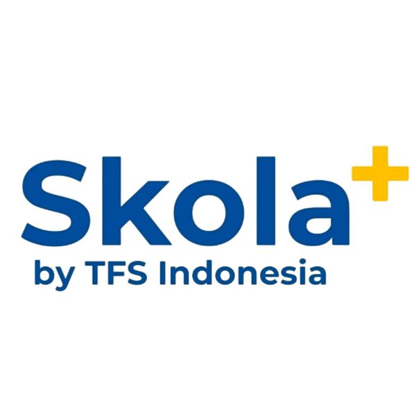 Logo of Skola+ by TFS Indonesia in blue and yellow.