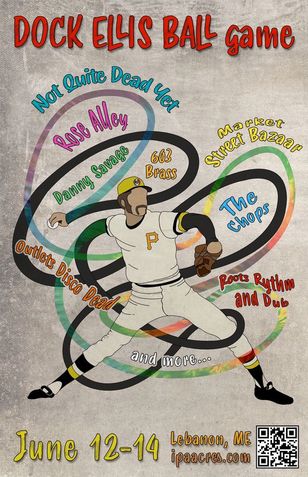 Doc Ellis Ball game image. Custom artwork - man throwing baseball with a extra long winding arm. 