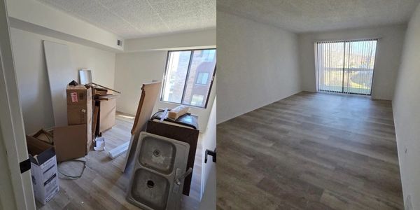Before and after photos of a room renovation showing clutter and then a clean empty room.