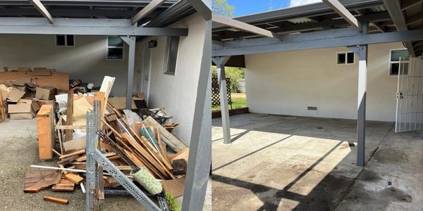 Before and after cleanup of a cluttered carport with wood and debris.