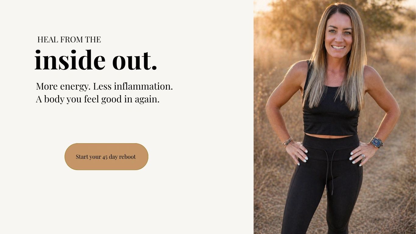 Woman in workout clothes promoting a 45-day health reboot program.