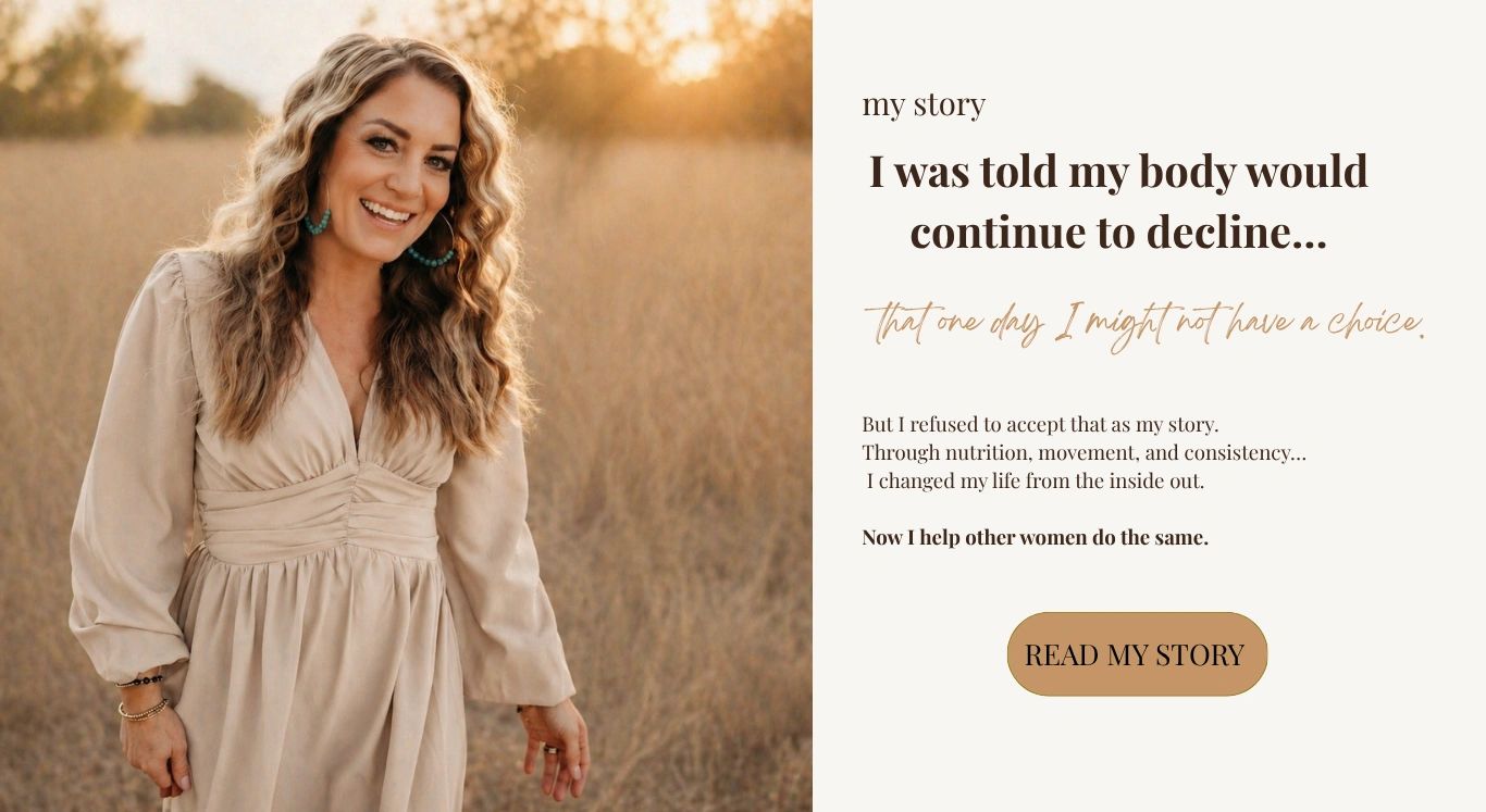Woman in beige dress shares her story of overcoming health decline through nutrition and movement.