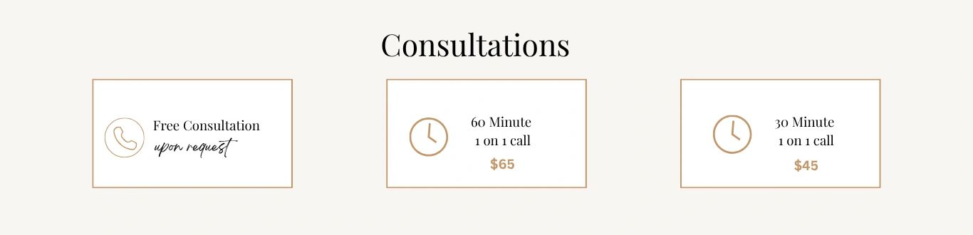 Consultation pricing options with free, 60-minute, and 30-minute calls.