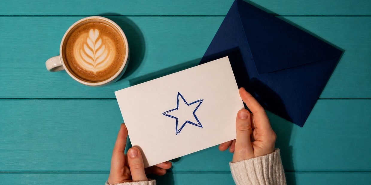 Hands holding a card with a star drawing near a cup of coffee and a blue envelope.