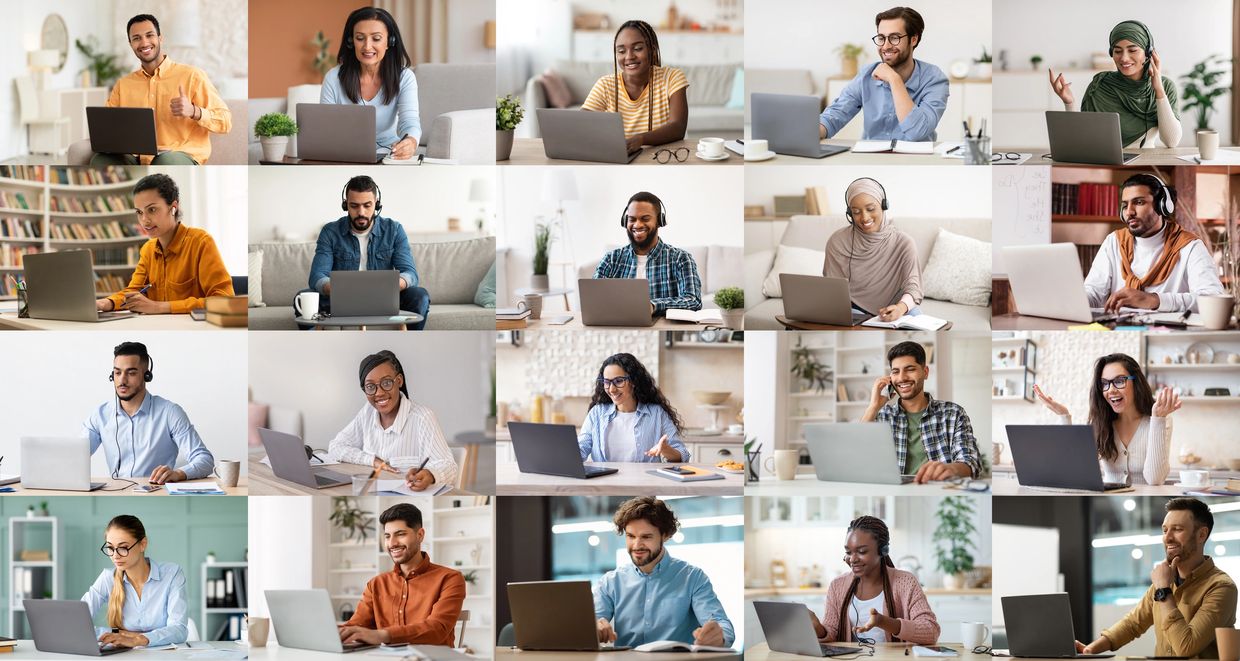 Collage of diverse people working and communicating online using laptops and headsets.
