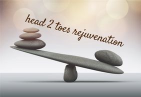 Balanced stones with 'head 2 toes rejuvenation' text.