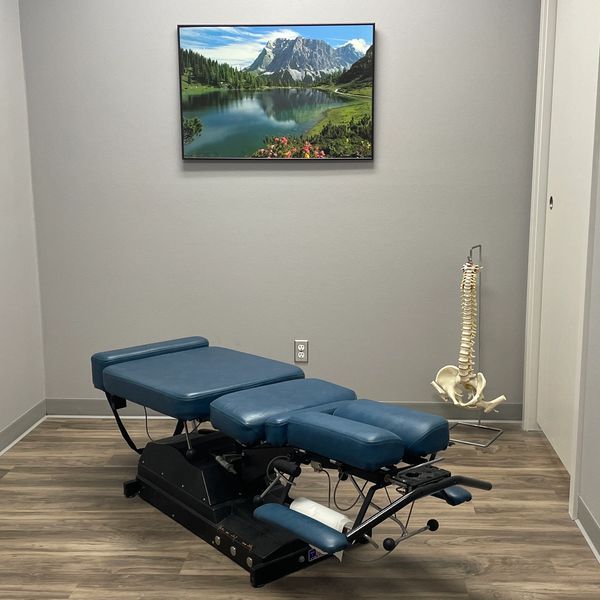 A room with a chiropractic table and a model spine.