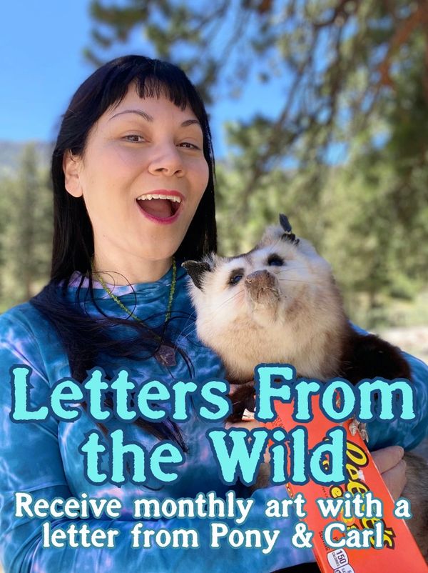 Artist Pony Poison and Carl the Opossum pose in the woods