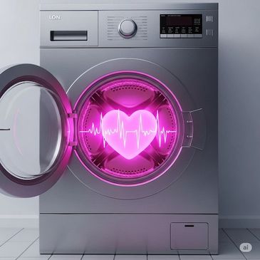 Washing machine with glowing pink heart and heartbeat inside.