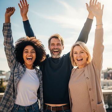 Three diverse friends joyfully raise their arms outdoors, smiling widely.
