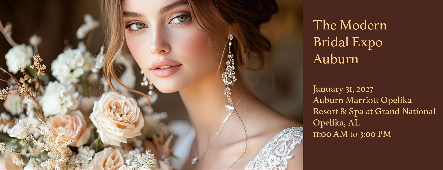 Elegant bride with bouquet promoting Auburn Bridal Expo on January 31, 2027.