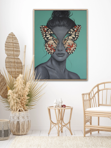 Surreal portrait with butterfly wings covering eyes in a cozy, natural-toned room.