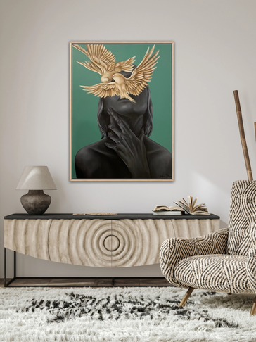 Modern room with surrealist painting of a black figure and golden birds.