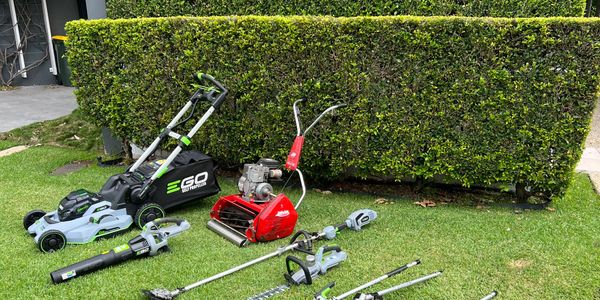 Modern and classic lawn and hedging equipment. 