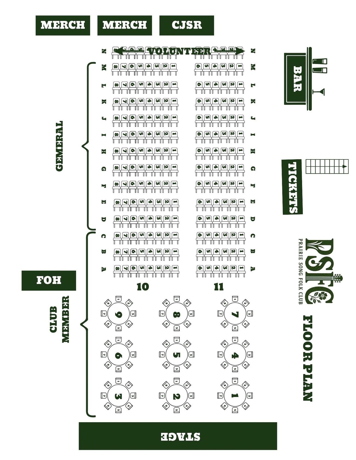 Prairie Song Folk Club seating floor plan with tables and rows.