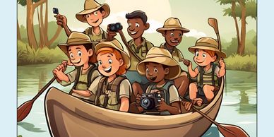 Vacationers in a canoe exploring the jungle