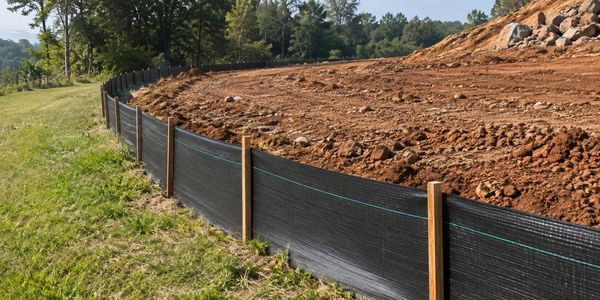 Newly installed silt fence around a cleared construction site.