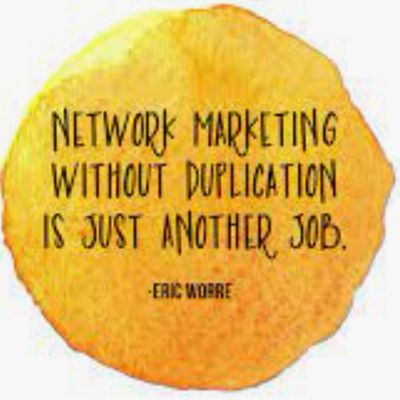 Quote on network marketing and duplication by Eric Worre on a yellow-orange background.