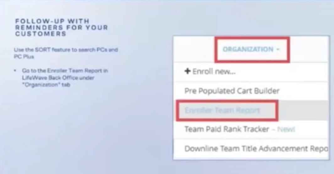 Instructions for following up with reminders for customers in LifeWave software.
