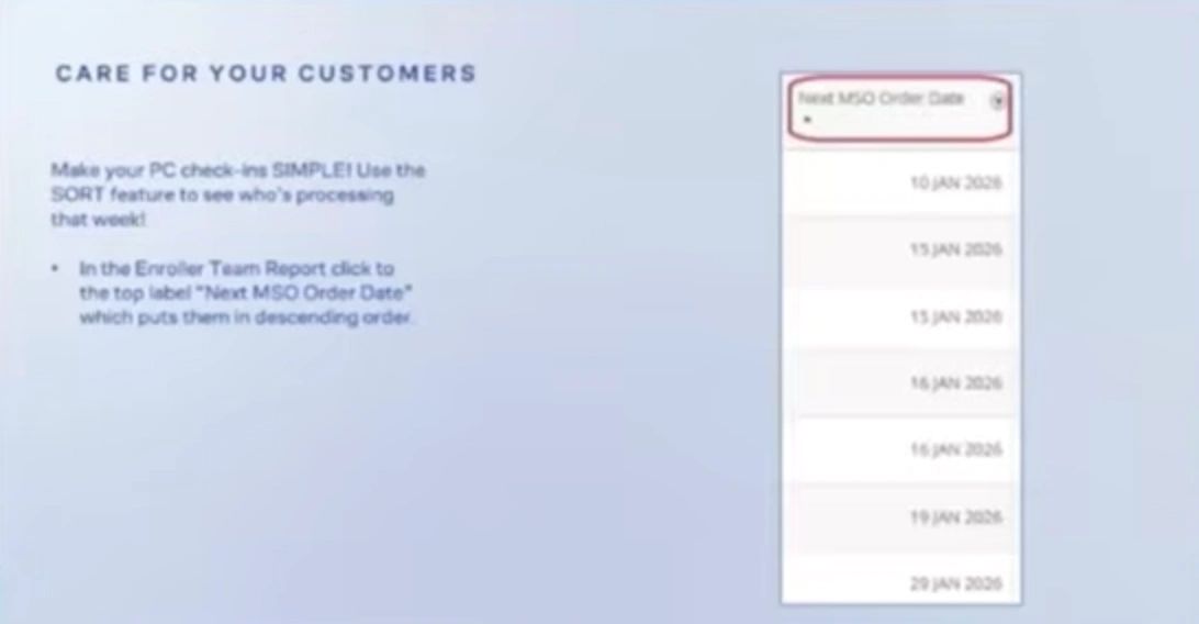 Instruction on sorting by next MSO order date for customer PC check-in.